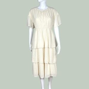Friful Cream Swiss Dot Tiered Midi Dress XS Short Sleeve Elastic Waist Chiffon